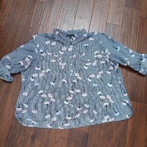 Tommy Hilfiger Navy Blue, Pink & White Striped Floral Button-up Top size 3X